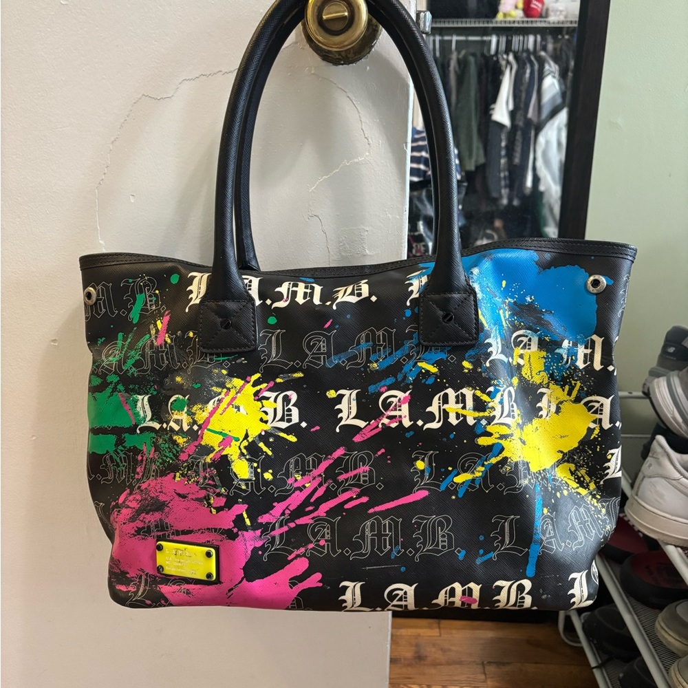 Black Tote Bag with Multicolor Paint-Splash Design